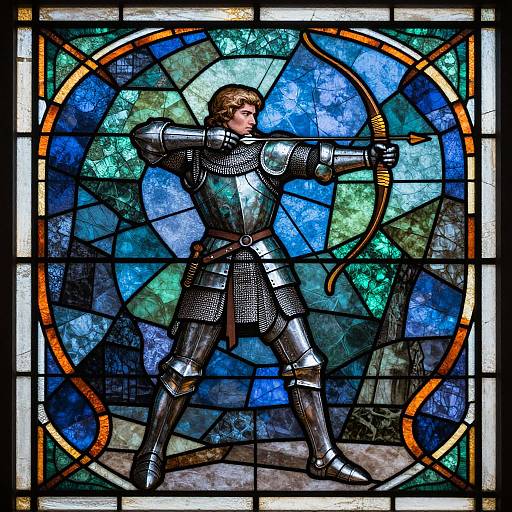 Stained glass artwork of a medieval knight in full armor, drawing a bow, with a blue and green geometric background.