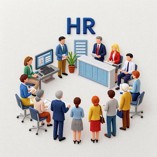 Isometric illustration of a diverse business meeting, featuring nine professionals in colorful business attire, around a desk with HR text above.