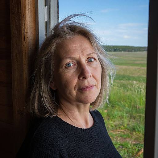 Photograph of a middle-aged woman with light gray hair, blue eyes, and fair skin, wearing a black sweater, standing by a window, looking