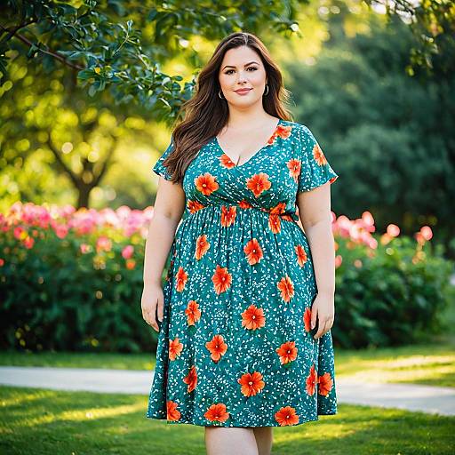 Plus Size Woman in Floral Dress in Park