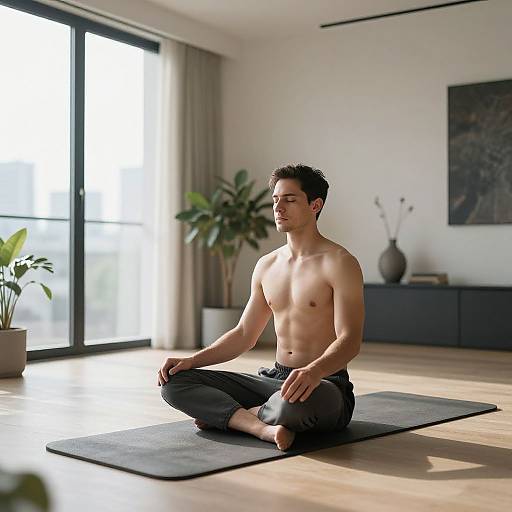Meditating Man with Six Pack Abs in Minimalist Apartment