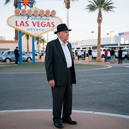 Photograph of an elderly white man in a black suit, white shirt, and black hat, standing on a Las Vegas street in front of the 