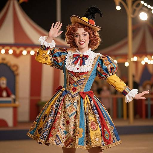 Photograph of a smiling, curly-haired woman in a vibrant, elaborate circus jester costume with intricate patterns, waving, in front of a circus tent