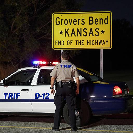 Police Officer at Grovers Bend Kansas End of the Highway Sign