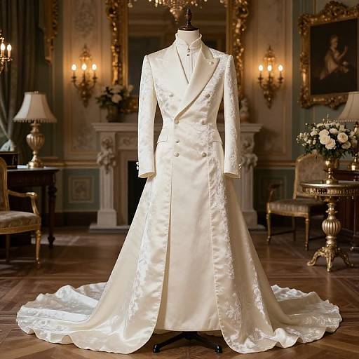 Photograph of a luxurious, white satin wedding gown with long sleeves and a flowing train, displayed in an ornate, vintage-style room with chandel