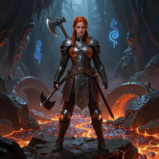 Stoic Dwarven Shieldmaiden in Fiery Cavern