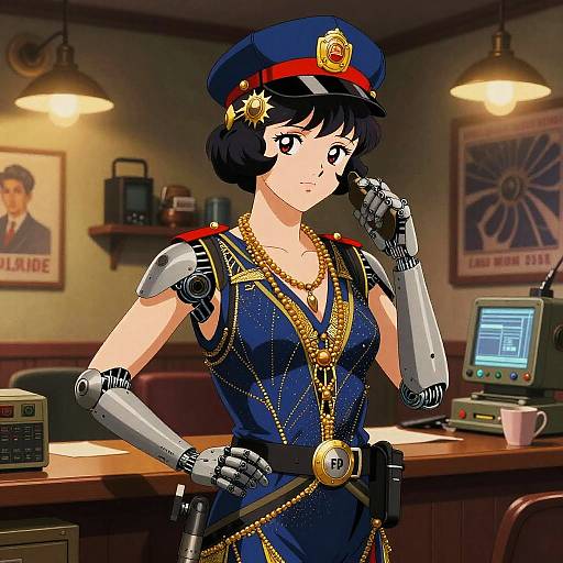Digital anime-style artwork of a female police robot in a blue uniform with gold accents, standing in a dimly lit office, adjusting her hat. Background