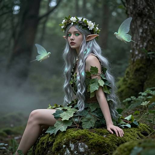 Digital fantasy artwork of a silver-haired, green-eyed elf woman with a leaf crown and dress, sitting on mossy forest ground, surrounded by glowing butterflies