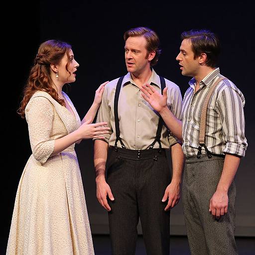 Photograph of three actors on stage: a woman in a white lace dress, and two men in striped shirts and suspenders, engaging in an emotional