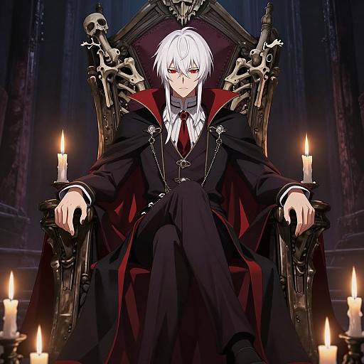 Anime-style digital artwork of a white-haired, red-eyed, pale-skinned male vampire in a black cloak and suit, sitting on a bone-adorn