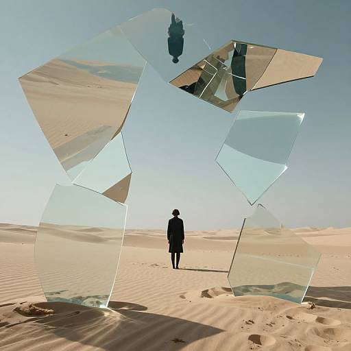 Photograph of a person in a black suit standing in a desert, surrounded by large, angular, reflective glass panels under a clear sky.