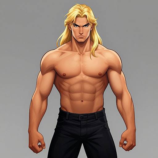 Digital illustration of a muscular, shirtless blonde man with long hair, blue eyes, and defined abs, wearing black pants, against a gray background.