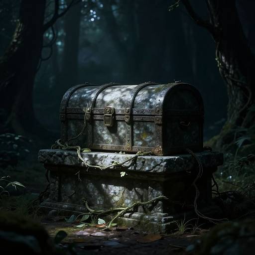 Photograph of a moss-covered, metallic treasure chest with a brass latch, illuminated by moonlight, sitting on a stone pedestal in a dark, mist