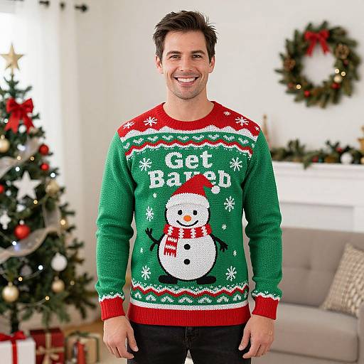 Photograph of a smiling man with short brown hair wearing a green Christmas sweater with a snowman and 