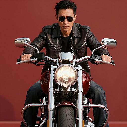 Man on Motorcycle Wearing Leather Jacket and Sunglasses