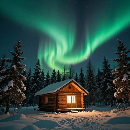 Photograph of a wooden cabin illuminated by warm light, surrounded by snow-covered trees, under a vibrant green aurora borealis in a starry night