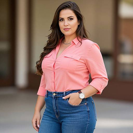 Photograph of a confident woman with long dark hair, wearing a pink button-up shirt and high-waisted blue jeans, standing outdoors. She has