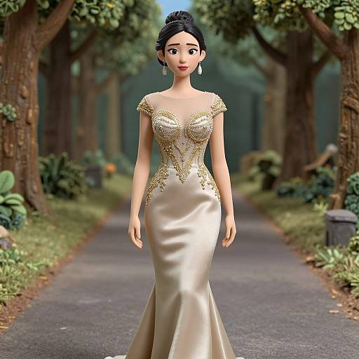 Digital illustration of a beautiful woman with fair skin, black hair in an updo, wearing an elegant cream gown with gold embroidery, standing on a forest