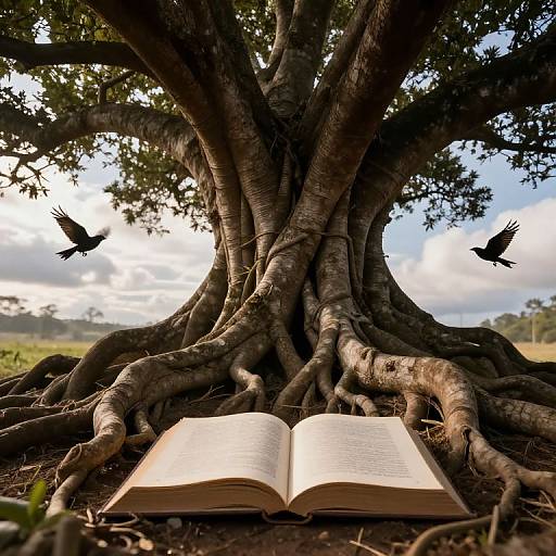 Photograph of an open book at the base of a large, sprawling tree with thick roots, two black birds flying above.