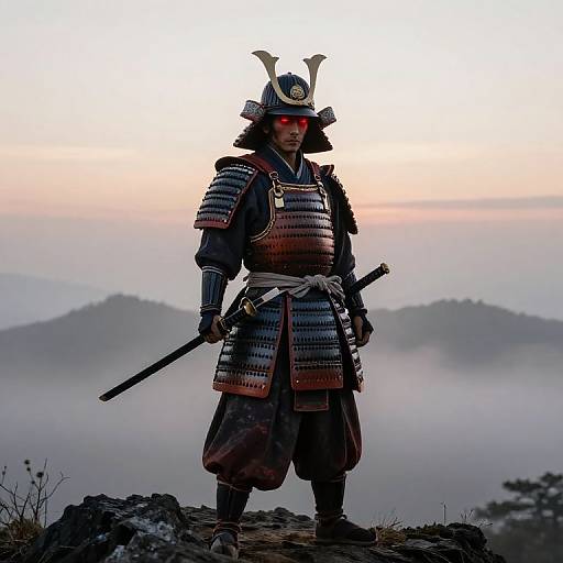 Photograph of a Japanese samurai standing on a rocky cliff, wearing traditional armor and helmet, holding a sword, with misty mountains and a past