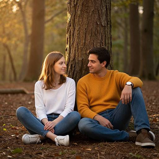 Photograph of a young couple sitting against a tree in a forest, with the woman in a white sweater and the man in a yellow sweater, both