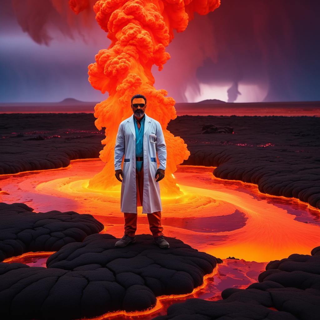 Surreal Scientist Amidst Fiery Eruptions