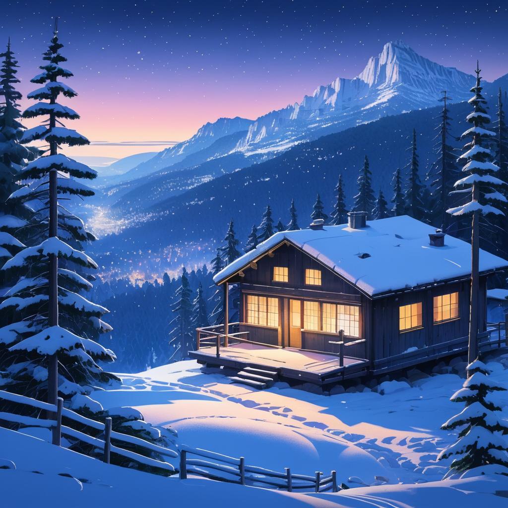 Cozy Mountain Cabin in Twilight Scene