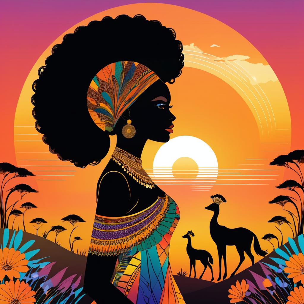 Elegant Black Woman as Peacock in Sunset