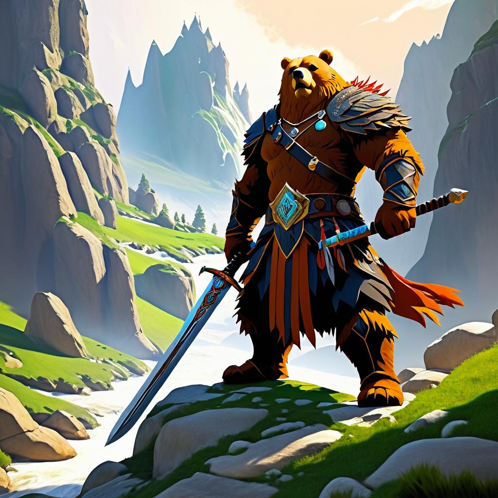 Heroic Bear Warrior in Fantasy Landscape