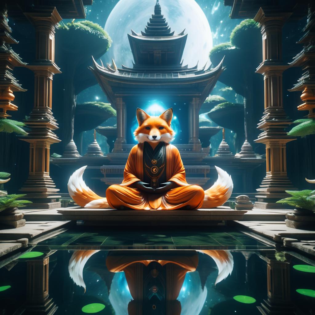 Floating Fox Humanoid in Cosmic Temple