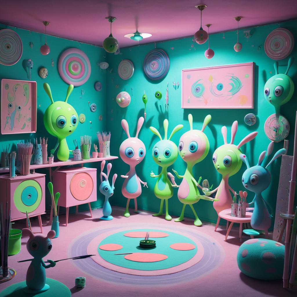 Whimsical Aliens Playing Darts in Basement