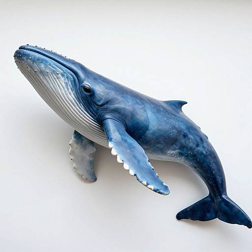 Photograph of a detailed, colorful plastic toy humpback whale with blue and gray hues, white underbelly, and realistic textures, set against