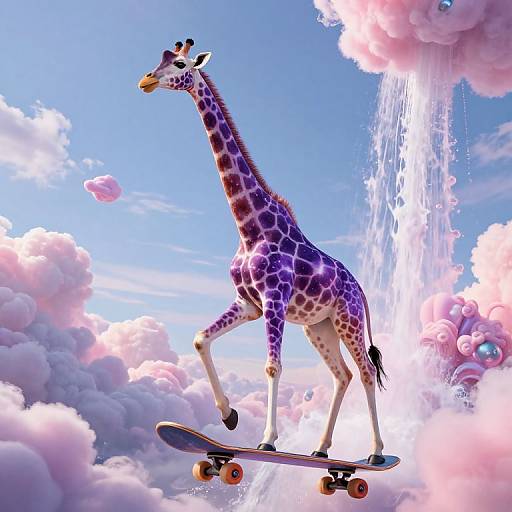 Digital artwork of a giraffe skateboarding through a sky filled with pink clouds and waterfalls, featuring vivid purple and orange hues.