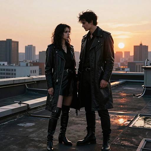 Silhouetted photo of a couple in black leather trench coats, standing on a rooftop at sunset, cityscape in the background.