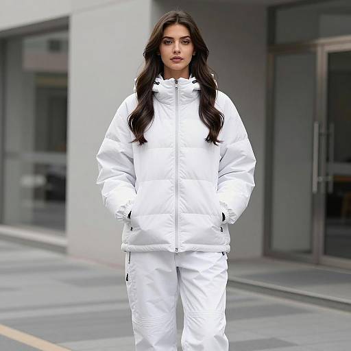 Young woman in white snowsuit standing outdoors