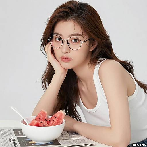 Calm Asian Woman with Watermelon Snack