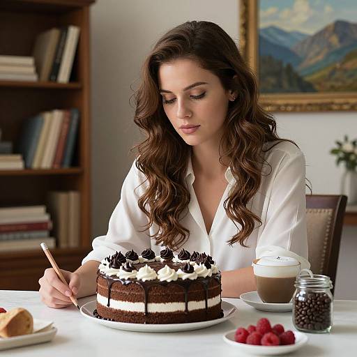 Photograph of a brunette woman with wavy hair, in a white blouse, inspecting a layered chocolate cake with whipped cream and chocolate garnishes,
