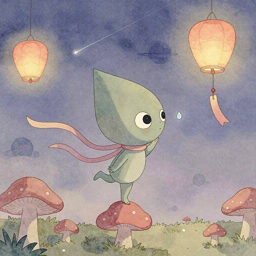 Whimsical Alien Tiptoeing Among Toadstools and Lanterns