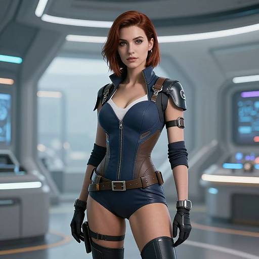 CGI image of a red-haired woman in a blue, form-fitting, armored bodysuit with leather shoulder pads, black gloves, and thigh