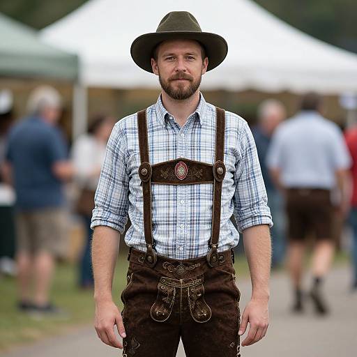Photograph of a bearded man with a brown hat, white plaid shirt, brown leather suspenders, and traditional Bavarian pants, standing outdoors
