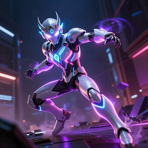 Glowing, neon-lit, futuristic robot warrior with blue and purple accents, dynamic pose, and cybernetic details, in a dark,