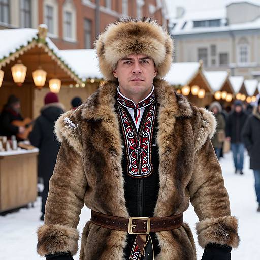 Photograph of a man in a fur-trimmed winter coat and hat, standing in a snowy outdoor Christmas market with lit wooden stalls.