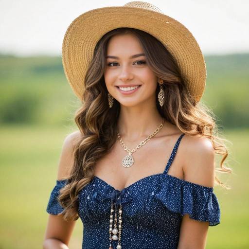 Smiling Young Woman in Straw Hat and Blue Dress