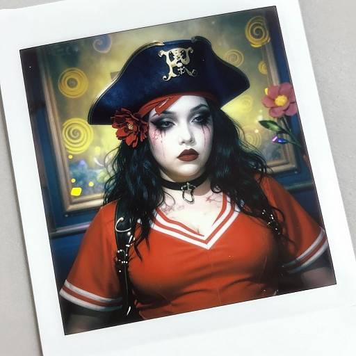 Photograph of a pale-skinned woman with black wavy hair, wearing a black pirate hat with a skull, red dress, black choker,