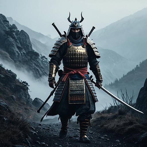 Samurai Warrior in Misty Mountain Pass