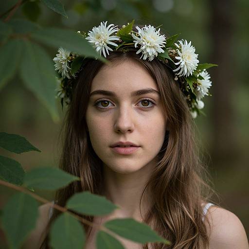 Photograph of a young woman with fair skin, brown eyes, and long brown hair, wearing a white flower crown, set against a blurred green forest