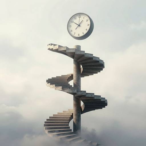Photograph of a surreal, spiral concrete staircase with a floating white clock at the top against a cloudy sky background.