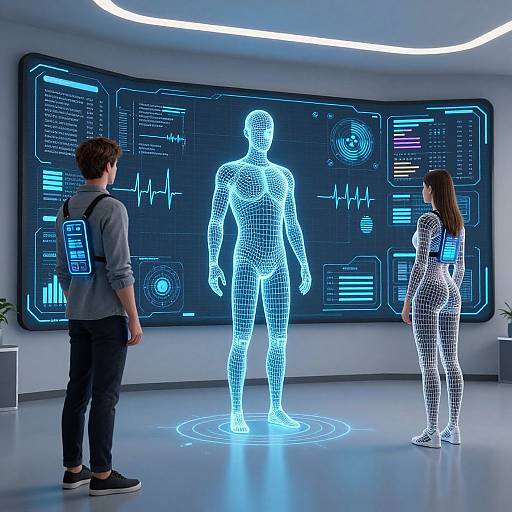 Photorealistic CGI: Two scientists, one male, one female, observe a glowing blue wireframe humanoid on a futuristic holographic screen.