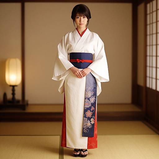 Photograph of a Japanese woman in a white kimono with blue and red floral patterns, standing in a traditional shoji-screen room, lit by a