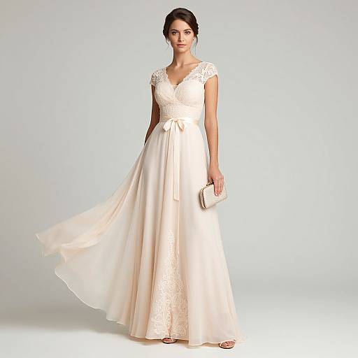 Photograph of a slender, dark-haired woman in a white, lace-trimmed, V-neck, floor-length wedding gown with a flowing skirt,